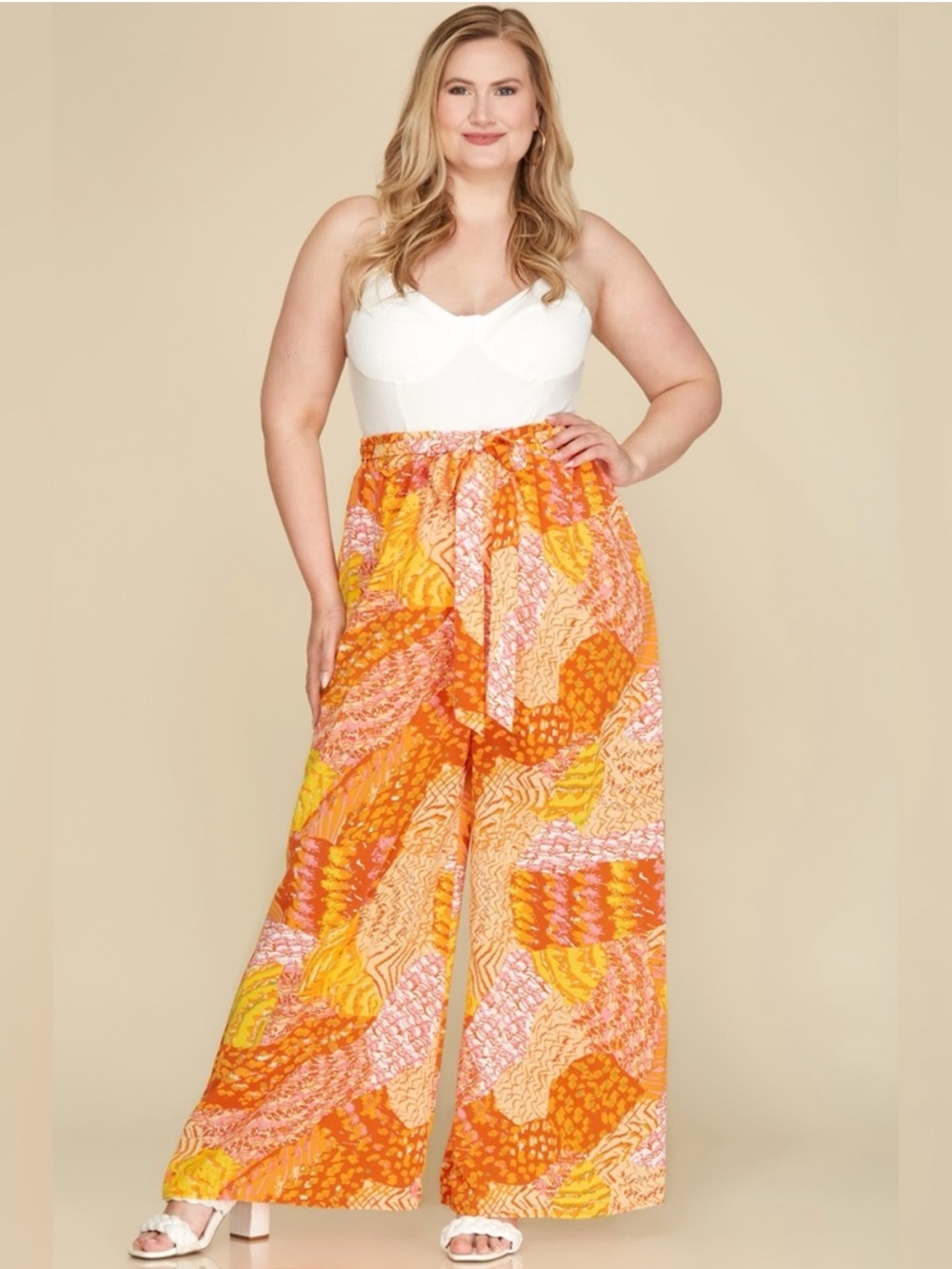 She & Sky Wide-Leg Tie-Waist Printed Palazzo Pants - Orange Multi EUC